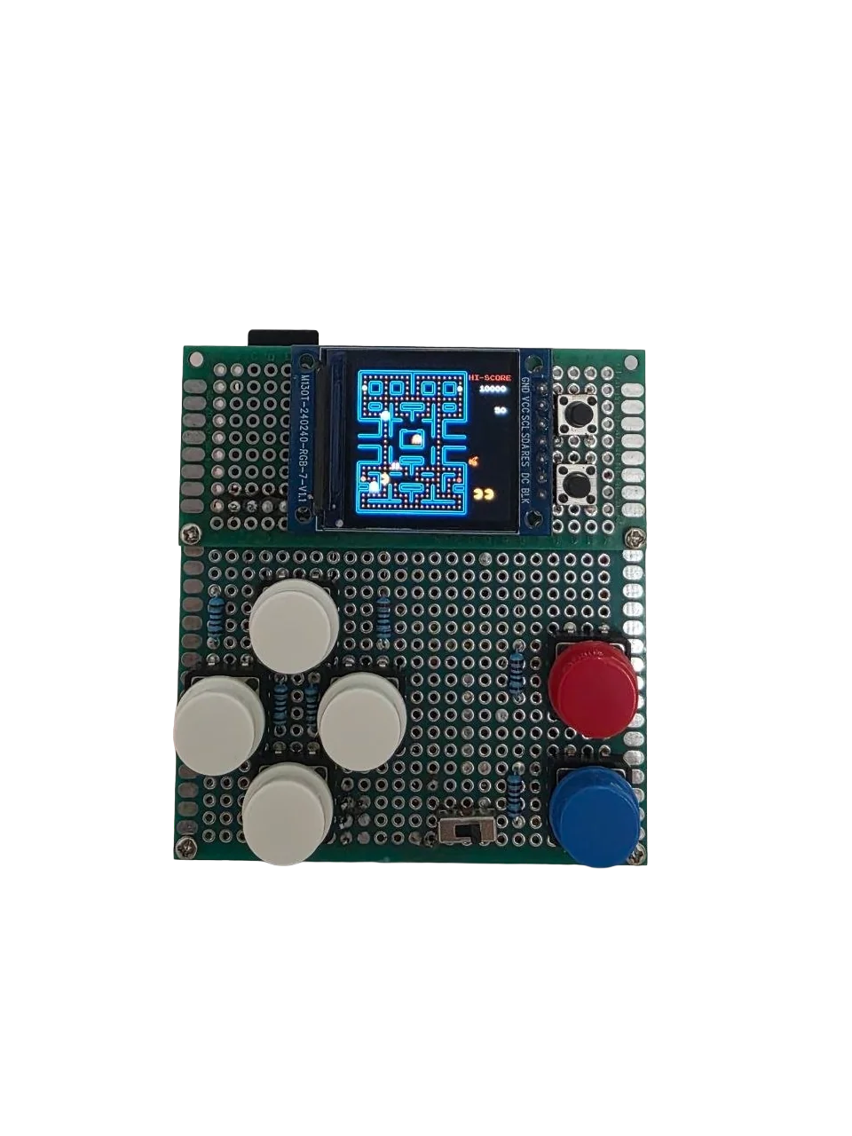 RetroDS handheld console — completed perfboard build running Pac-Man